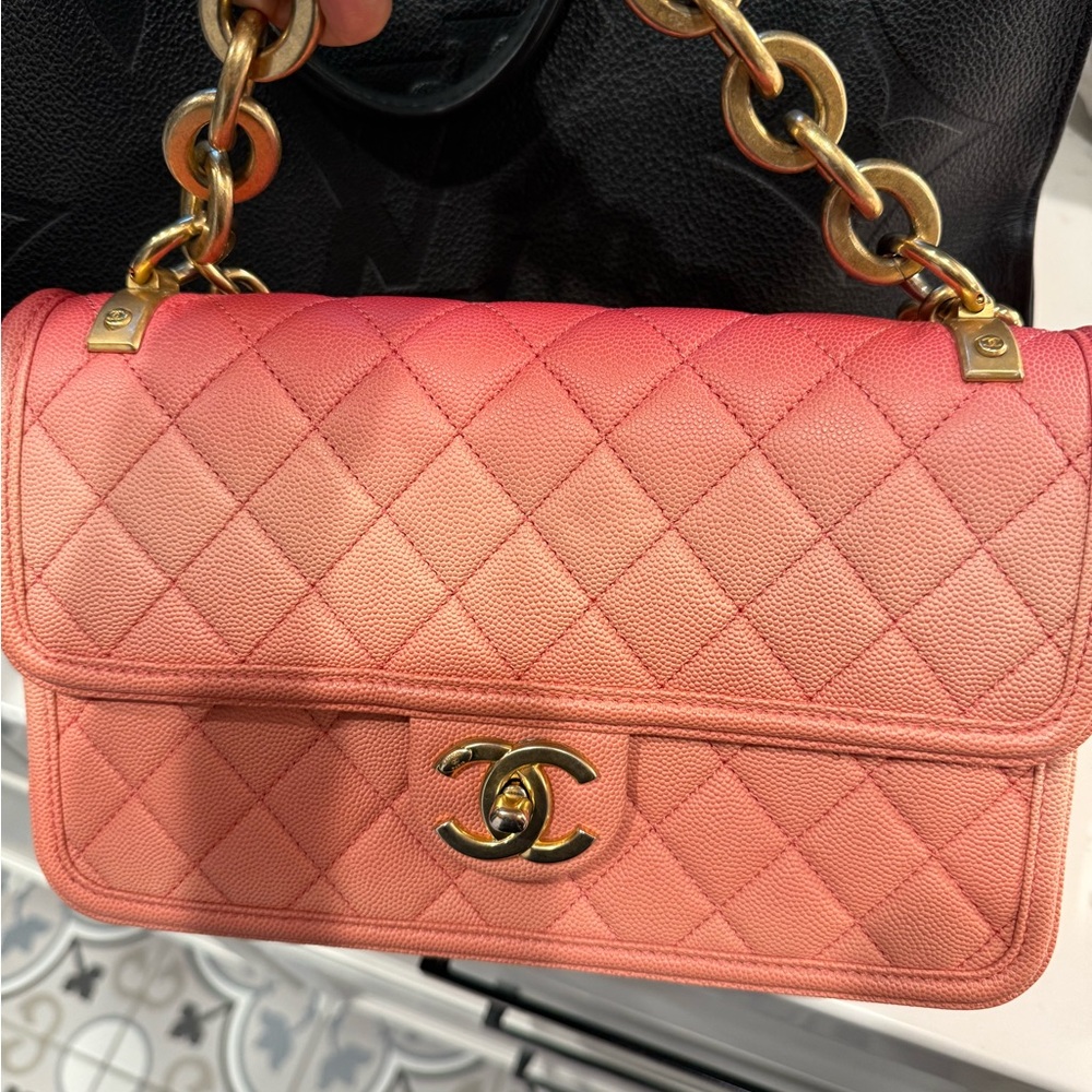 Chanel Coral Quilted Shoulder Bag with Gold Accents